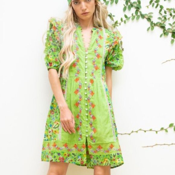 Gipsy Queen Green Boho Floral Print Button Down Short Puff Sleeve Mini Dress - Picture 4 of 6